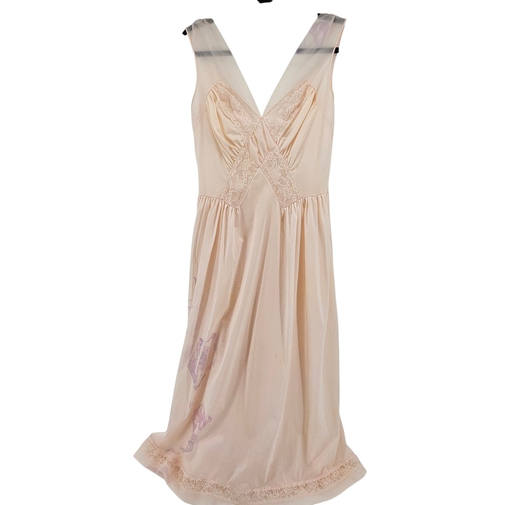 Vintage Peach Nylon Lace Lingerie Nightgown Slip Dress Coquette Romantic‎ Bridal